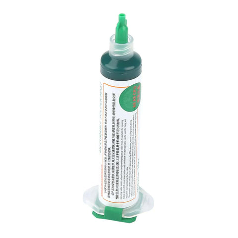 Green UV Curing Solder Mask Ink For PCB Repair in syringe bottle with green cap, two pieces, ideal for electronics repair.