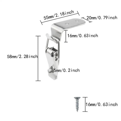 4 Pack 58mm Stainless Steel Heavy Duty Rust Resistant 90 Degree Tool Box Hood Locks Latches showing dimensions with screw