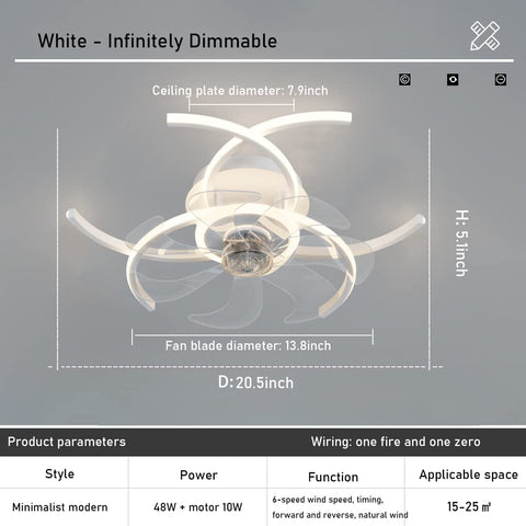 20.5 Inch Low Profile Ceiling Fan With Lights Bladeless Flower Shape Ceiling Light Fan With Remote Control 3 Color Temperature LED