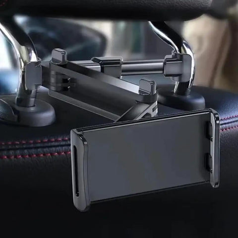 Heavy Duty Car Headrest Tablet Mount For Tesla Cybertruck featuring adjustable steel bracket secured tightly on car headrest.