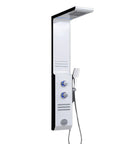Ultra Slick Wall Mounted Bathroom Shower System Featuring Handheld Sprayer Led Ambient Light Four Position Wand Adjustments Breeze Setup Elevated Bath Vibes Premium White Finish close-up view with control knobs and handheld sprayer.