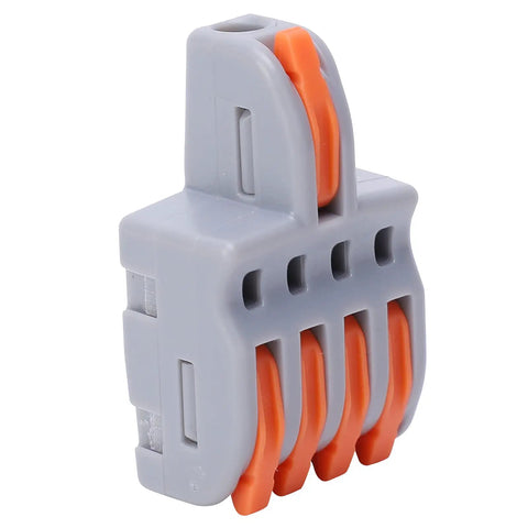 20 Pack Push In Wire Connectors 1 To 4 Out Electrical Terminal Block Copper Conductor Splitter For Recessed Fixtures And Auto Wiring Quick Lock No Sweat Install Heat Resistant Shell Orange, showing orange and gray design.