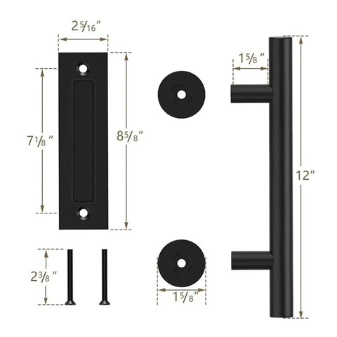 Dimensions of 12 Inch Flush Barn Door Pull Handle Set for Sliding Doors and Cabinets with screws and circular mounts