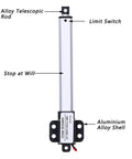 4 Inch Stroke Mini Linear Actuator 12V DC With Built In Limit Switch, aluminum tube, labels showing parts, low noise micro electric actuator.