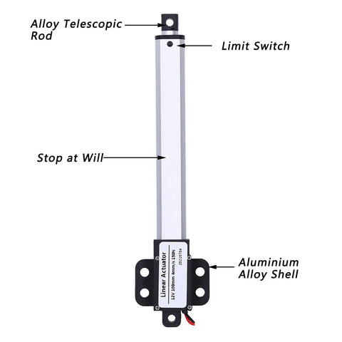 4 Inch Stroke Mini Linear Actuator 12V DC With Built In Limit Switch, aluminum tube, labels showing parts, low noise micro electric actuator.