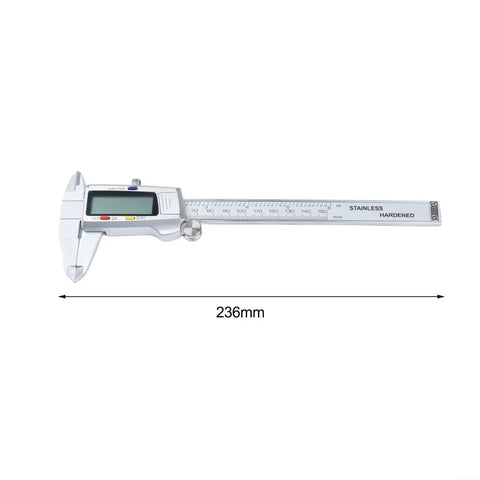 0-150mm Digital Caliper with Large LCD Display, stainless steel, displaying 236mm length, used for precise measurements.