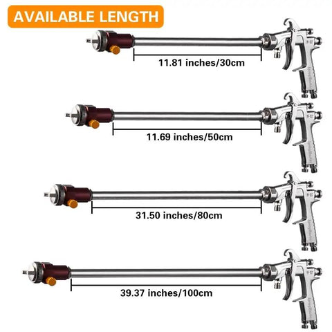 No Sweat Long Reach Straight Spray Gun Kit With Heavy Brass Atomizer And Pressure Relief Valve Includes Two Liter Paint Cup, showing available lengths.