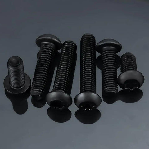 100 Pcs M5 Button Head Torx Screws Black Oxide Grade 10.9 High Strength Alloy Steel M5-0.8 X 12Mm Fasteners arranged on a reflective surface.