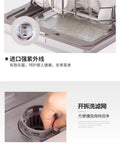 Skip the Sink Fully Automatic Desktop Dishwasher For Home Kitchen Large Capacity Auto Wash System With Triple Filter And Front Loading Design Easy Setup Plumbing Free Hands Off Cleanup Routine showing triple mesh filter and user accessing the interior.