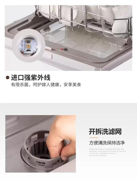 Skip the Sink Fully Automatic Desktop Dishwasher For Home Kitchen Large Capacity Auto Wash System With Triple Filter And Front Loading Design Easy Setup Plumbing Free Hands Off Cleanup Routine showing triple mesh filter and user accessing the interior.