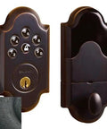 Top Shelf Solid As A Rock Z Wave Wireless Electronic Deadbolt With Touchpad Keyless Entry Door Lock In Distressed Oil Rubbed Bronze Finish, close-up view