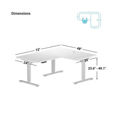 Dimensions of Heavy Duty Electric Standing Desk L Shaped 72 By 48 Inch Corner Workstation Table with adjustable height.