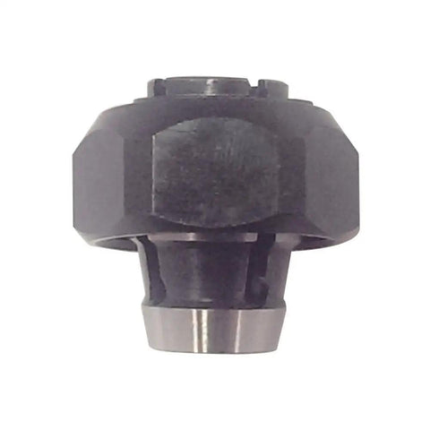 Rock Solid Half Inch Router Collet With An Auto Release Grip that locks bits tight, showing side view of durable steel construction.