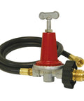 Adjustable LPG regulator for BBQ grills with 48-inch thermoplastic hose and flare fitting.