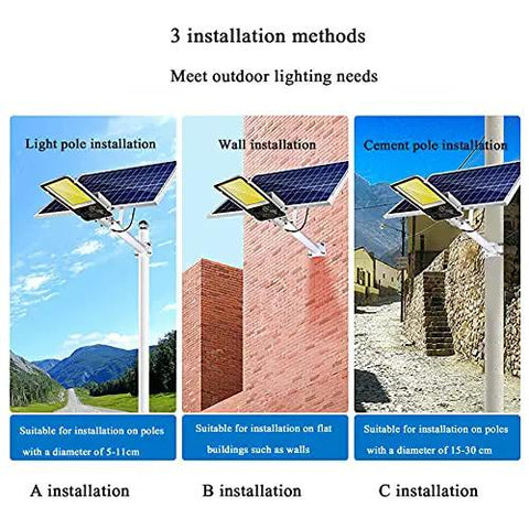Installation guide for Heavy Duty Outdoor Solar Flood Light With Dusk To Dawn Sensor And Remote Control showcasing light pole, wall, and cement pole options.