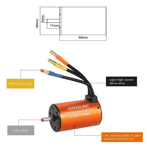 Waterproof 3660 3800KV Brushless Motor And 60A ESC Combo For 1x10 RC Cars And Trucks with 4mm banana plugs