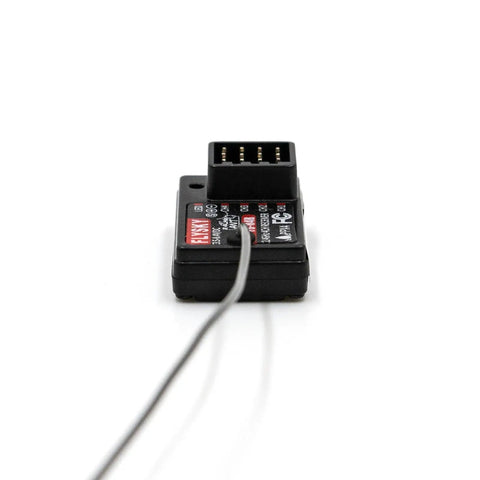 Flysky FS-R4B 2.4GHz 4CH Receiver with ANT Protocol and Single Antenna PWM Output, front view with label and antenna visible.