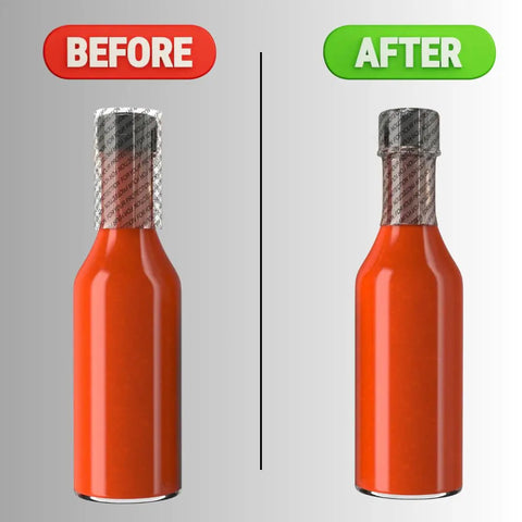 Pro Grade Clear Perforated Shrink Bands For Large Bulk Containers Tamper Evident Seals on bottles before and after use.