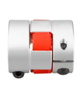 Beefy Plum Shaped Shaft Coupler 10mm To 14mm For Motor Link 30mm Diameter 35mm Length Aluminum Alloy And Polyurethane High Flex Vibration Dampening Coupler In Silver And Red, side view