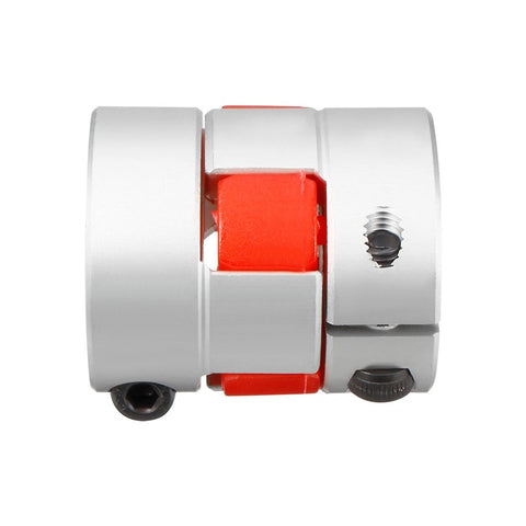 Beefy Plum Shaped Shaft Coupler 10mm To 14mm For Motor Link 30mm Diameter 35mm Length Aluminum Alloy And Polyurethane High Flex Vibration Dampening Coupler In Silver And Red, side view