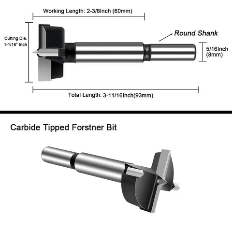 Diagram showing carbide tipped Forstner bit dimensions for Six Piece Large Size Forstner Drill Bit Set Carbide Tipped From One And Three Eighths Inch To Two And Three Quarters Inch For Hard Wood Plastic Plywood Hole Saw And Hinge Cutter Kit For Woodworking.