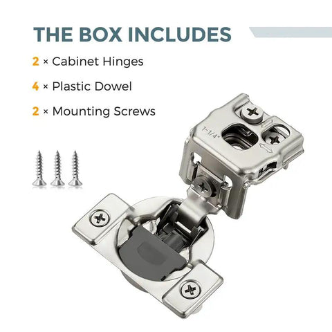 Soft Close Cabinet Hinges 1-1/4 Inch Overlay Stainless Steel with screws and dowel, three-way adjustable kitchen hinge set 2 pack
