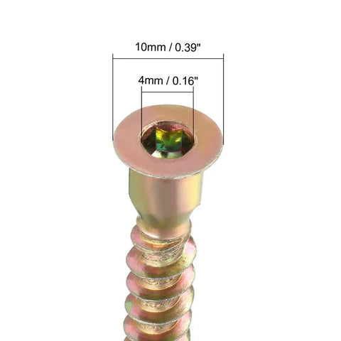 Close-up of Heavy Duty Furniture Confirmat Screws 20 Pack 7X49mm showing flat head and hex socket design for DIY cabinet assembly.