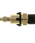 Engine coolant temperature sensor with brass body and black plastic connector, side view.