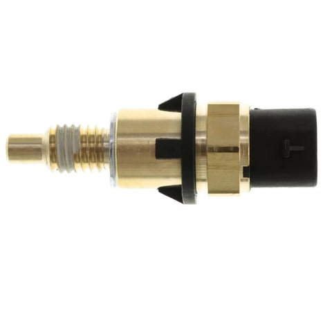Engine coolant temperature sensor with brass body and black plastic connector, side view.