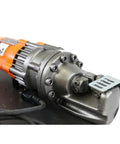 Professional Grade Electric Rebar Cutter Cuts Number 5 Steel Bars With A Hardcore Cold Cutting Shear Setup view of cutting head and motor.