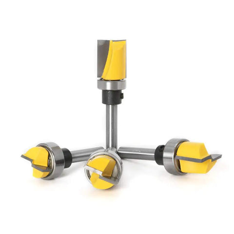 Heavy Duty 4 Piece Door Hinge Router Bit Set With One Quarter Inch Shank For Crisp Flush Trimming And Bottom Cleaning Slick Carbide Blades photo showing three router bits with yellow carbide blades.