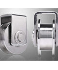 Set Of Two Heavy Duty 304 Stainless Steel Sliding Door Rollers With Sturdy H Track And Precision Pulley Bearings, showing close-up detail.