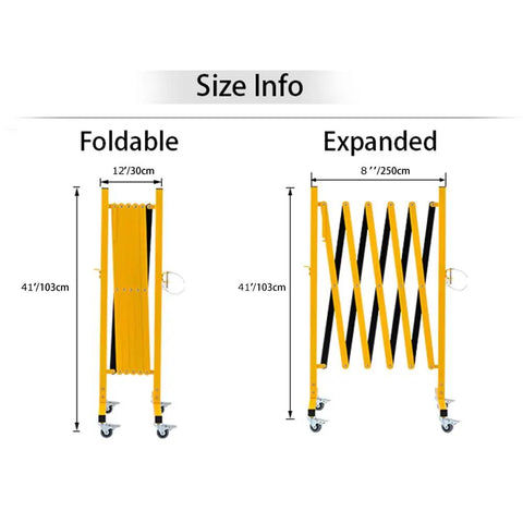 Effortless Expandable Metal Barricade 8 Feet Portable Safety Barrier On Casters in folded and expanded states with dimensions