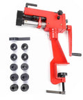 Heavy Duty Sheet Metal Bead Roller With Dies For 22 Gauge Sheets 7 Inch Throat Depth Rotary Forming Tool For Metal Fabrication Projects Pro Grade Hand Crank Beading Roller RM08 displayed with six dies.