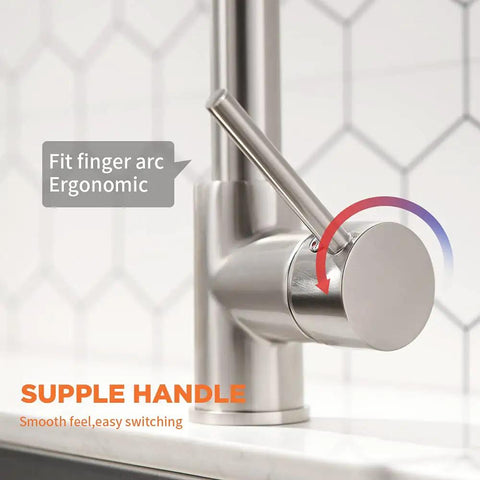 Close-up of handle on LED Light Kitchen Faucet With Pull Down Sprayer In SS304 Stainless Steel Brushed Nickel Finish For Farmhouse RV Camper Laundry Utility Wet Bar Sinks Industrial Single Handle.