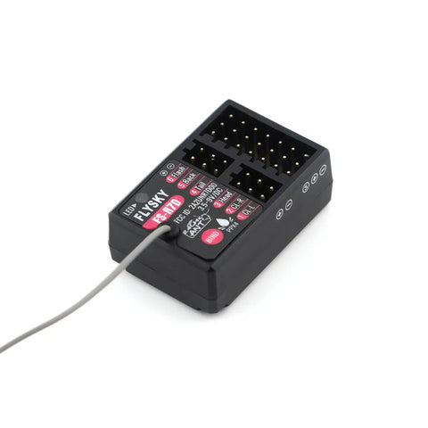 FS-R7D 2.4GHz ANT Protocol Receiver with 7 PWM Channels, single antenna, showing connector pins, for RC car and boat compatibility.