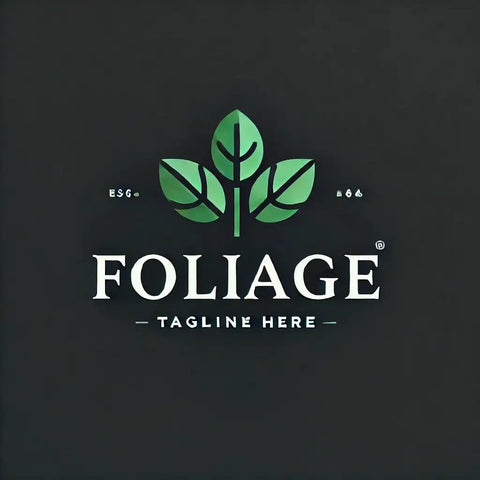 Logo design for FOLIAGE featuring green leaves on a black background, with TAGLINE HERE text beneath.
