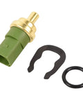 TS477 engine coolant temperature sensor with green housing and brass probe; includes black mounting clip and O-ring