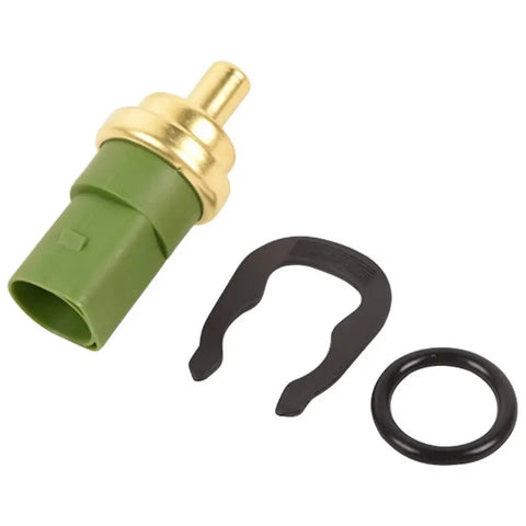 TS477 engine coolant temperature sensor with green housing and brass probe; includes black mounting clip and O-ring