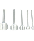 Leather Arch Curve Cutter Set For Belt And Wallet Making 5 Sizes Punch Tool Kit showing metal tools on white background.