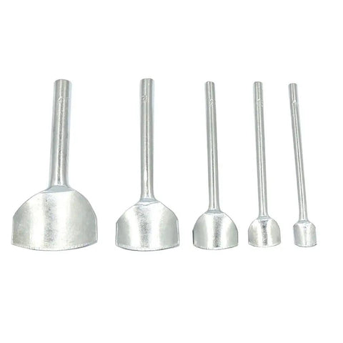 Leather Arch Curve Cutter Set For Belt And Wallet Making 5 Sizes Punch Tool Kit showing metal tools on white background.