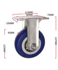 Six Inch Blue Rubber Castor Wheels With Silent 360 Degree Swivel Rotation And Heat Resistant Build For Smooth Cart Shelf Use Sweet Rolling Set Of Four showing dimensions.