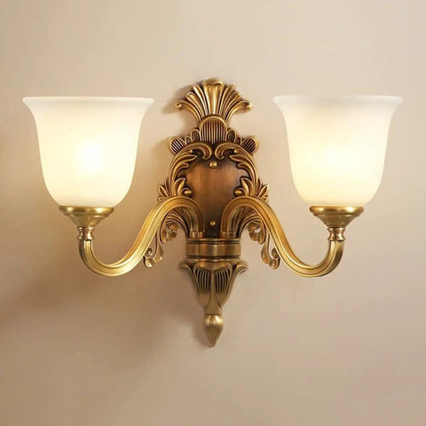 Top Shelf Copper Wall Sconce Featuring Crisp White Frosted Glass Shade And Reliable E27 Bulb Base with elegant brass finish.