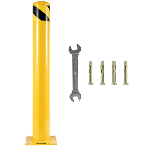 Tough As Nails 48 Inch Steel Safety Bollard Post In Bright Yellow Finish With Five Point Five Inch Diameter For Heavy Duty Parking Lot Traffic Control And Driveway Vehicle Impact Shield Keeps Your Spot Secure Includes Bolts with wrench and anchors.