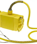 Heavy Duty GFCI Outlet Box With Pendant Drop Adapter Featuring 15 Ft 12 3 SOOW Cord NEMA 520 Plug showing yellow sealed housing and duplex receptacles.