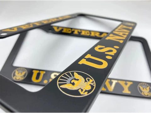 Matte Black Aluminum License Plate Frame 2 Pack Universal Fit For US And Canada Plates Navy Veteran design detail close-up