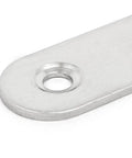 Close-up of Heavy Duty Stainless Steel Mending Plate showing hole for fastening, 2.4 x 0.6 inch, used for wood repair.