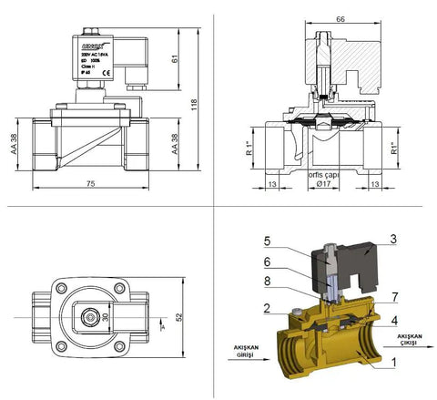 Technical drawing of a 1 Inch NPT Solenoid Valve 24V DC Brass Normally Closed Control Valve For Water And Air.