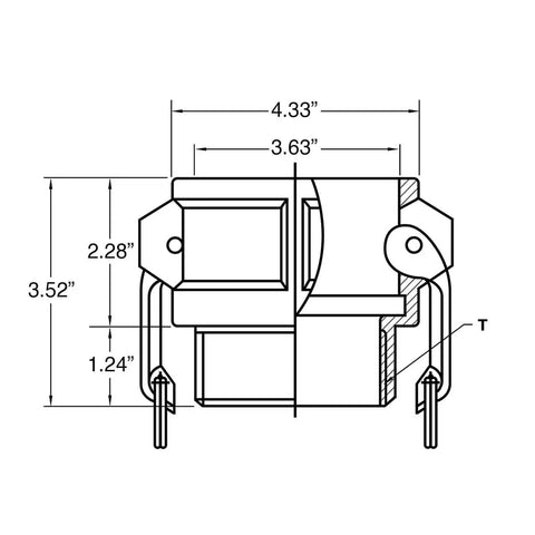 Dimensioned brass Type D camlock fitting 3 inch female camlock to 3 inch female NPT hose connector, side view