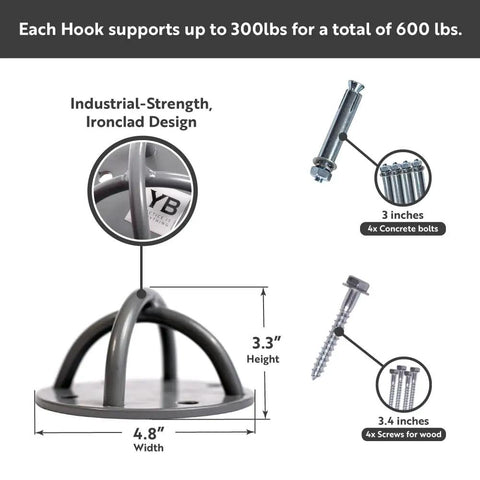 Beefy Industrial Strength Ceiling Hooks Set With Anchors And Bolts Holds Up To 600 Lbs for gym rings, yoga trapeze on wooden beams